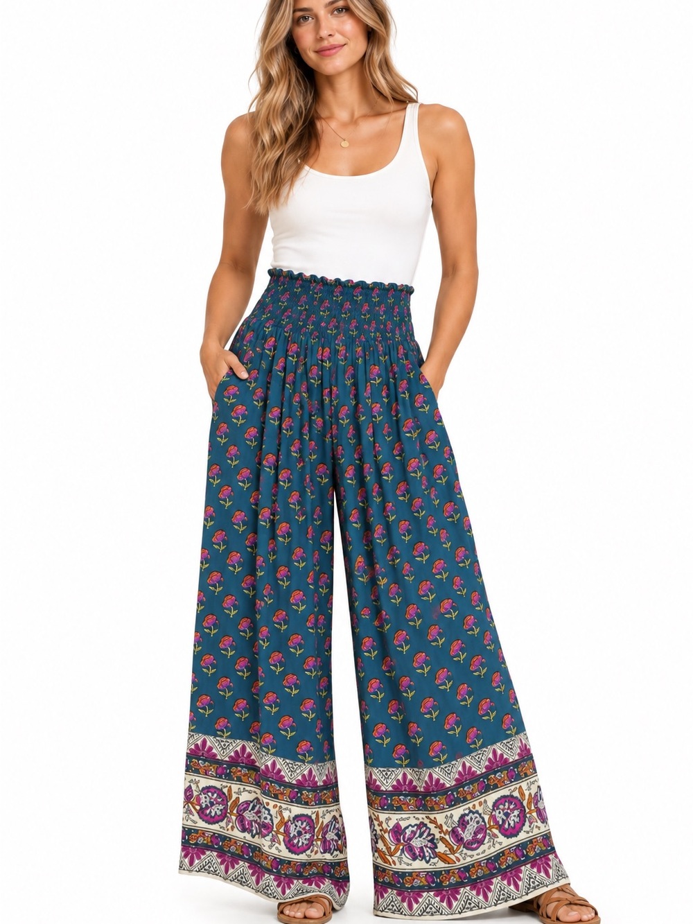 Natural Life Wide Leg Palazzo Pant Floral Print Smocked Waist Rayon Boho Size XL